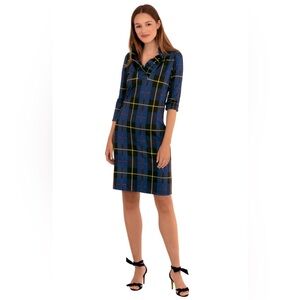 GRETCHEN SCOTT RUFF NECK DRESS - PLAIDLY COOPER - NAVY PLAID - EUC SIZE SMALL